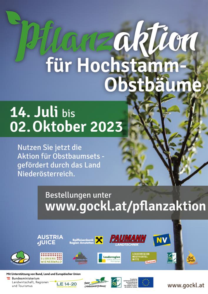 Plakat, Obstbaumpflanzaktion mit Datum und Webseite für Bestellung.